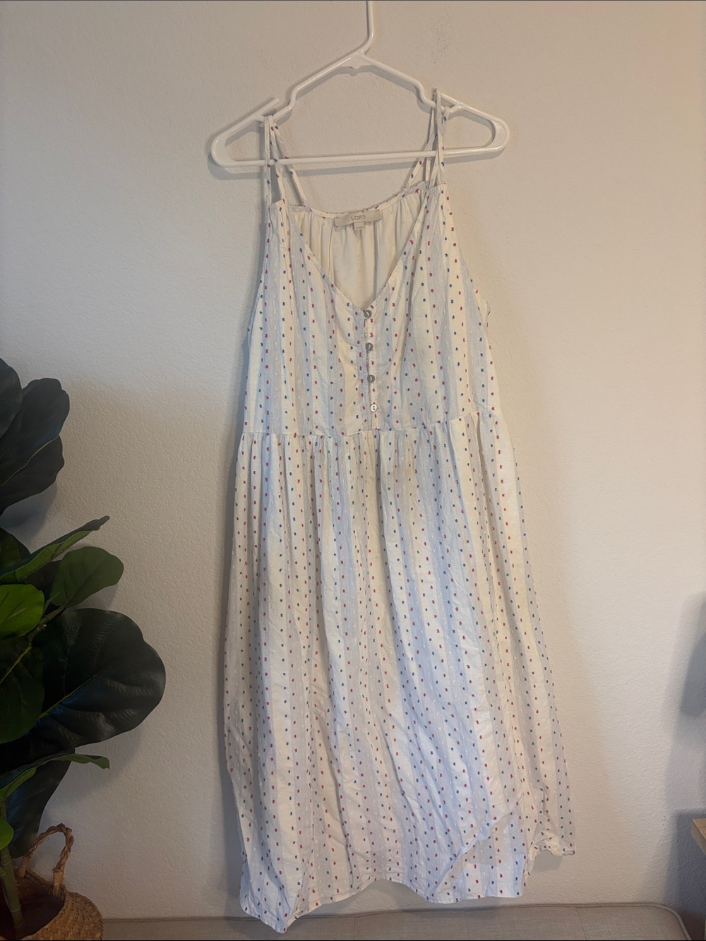 LOFT White Midi Sundress with stripes and Multicolor Dot embroidered Print